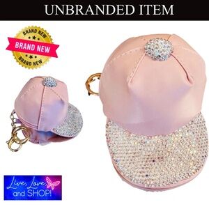 🦋 COIN PURSE/KEYCHAIN: Pink Baseball Cap w/Rhinestones, Chain & Zipper, NWOT